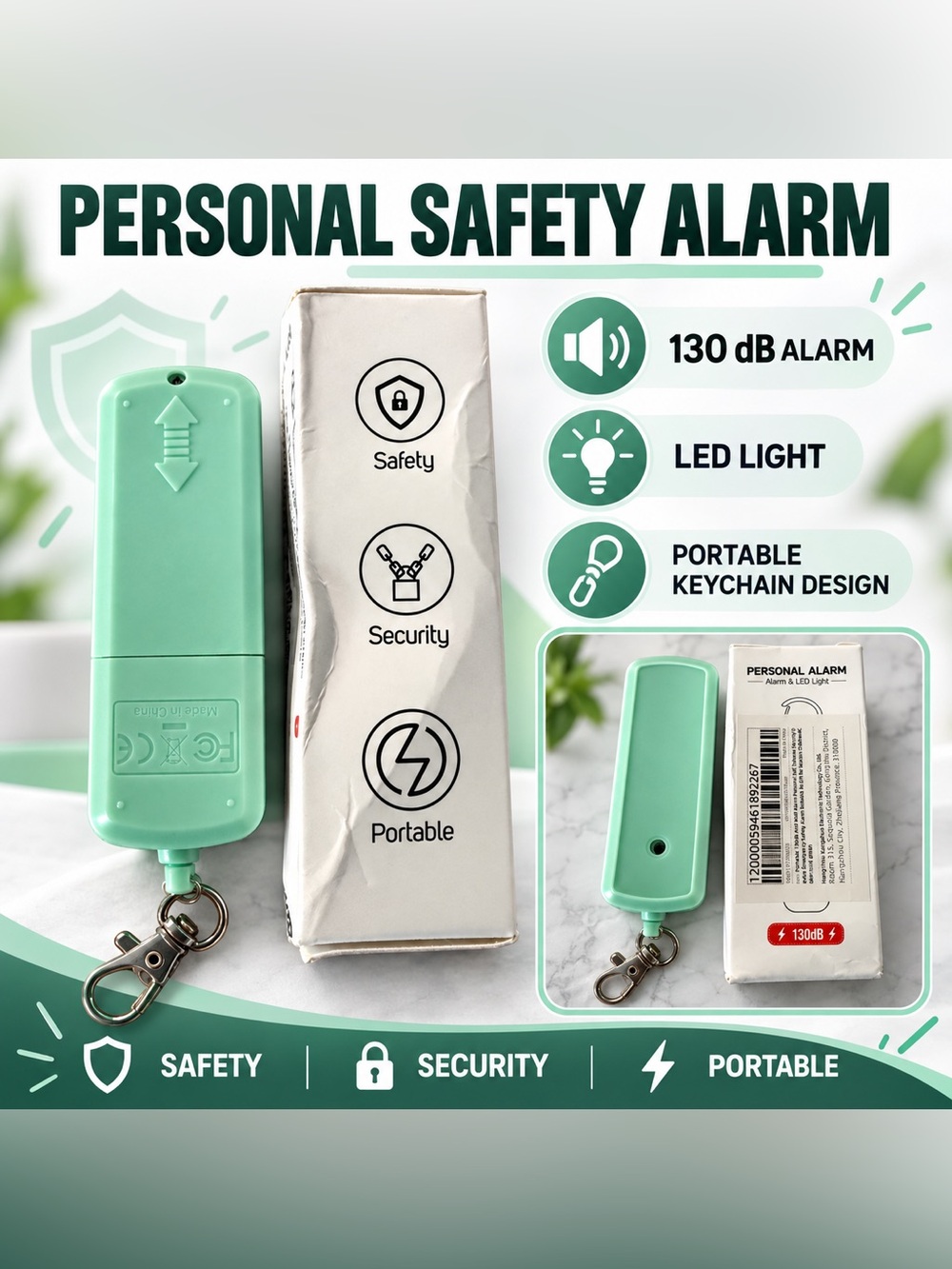 130 dB Personal Safety Alarm with LED Light – Mint Green Keychain